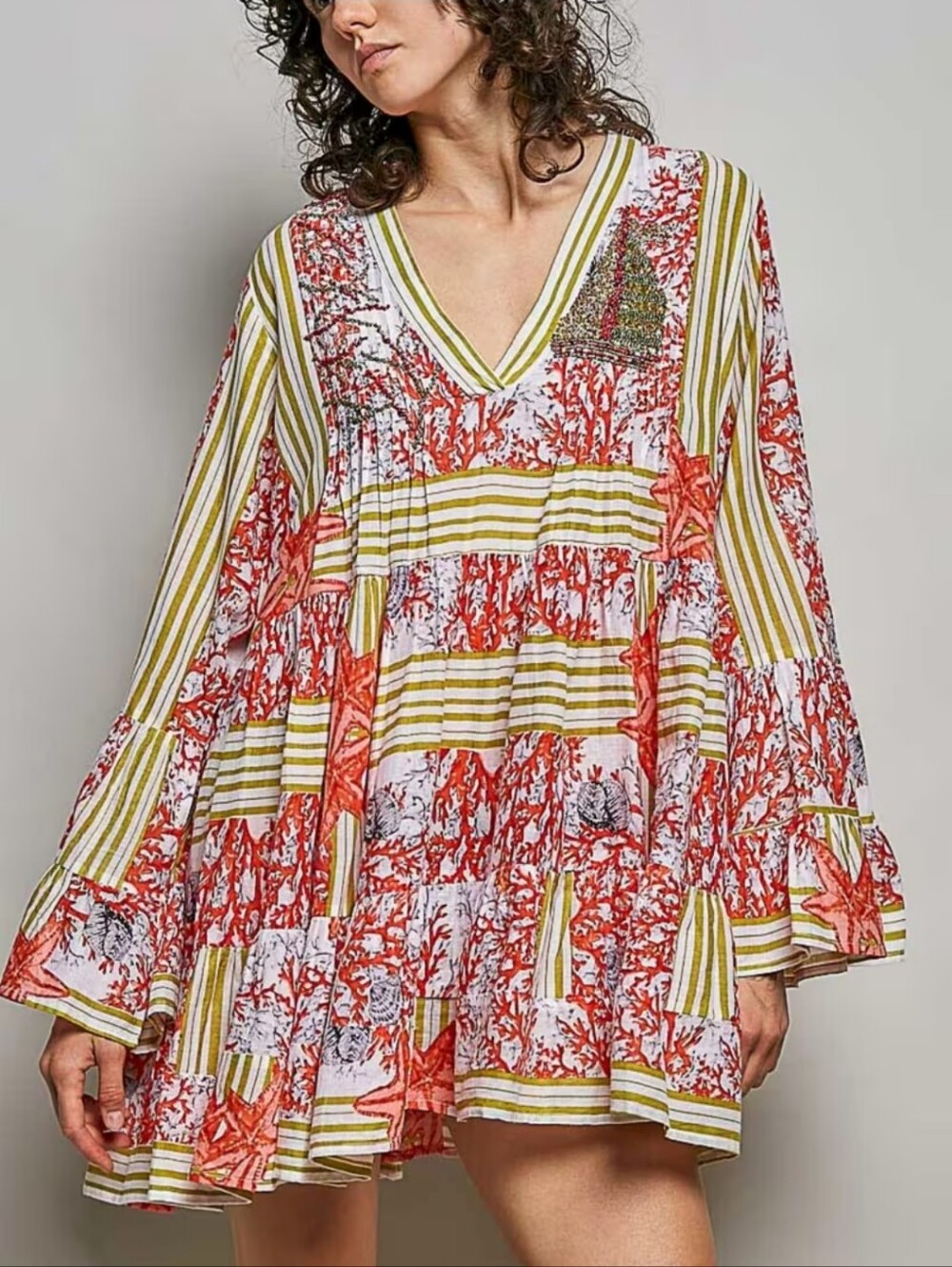 329.POL Boho Tiered V-Neck Mini Dress in Coral & Olive Stripe